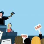 Selling at auction, a group of people offer their bets. Business